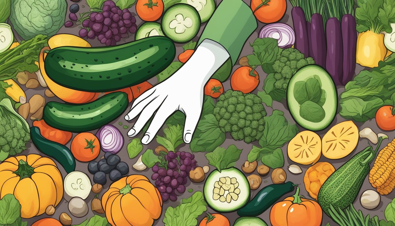 A hand reaching for an armenian cucumber, with various alternative vegetables and fruits arranged around it, showcasing their potential uses as substitutes