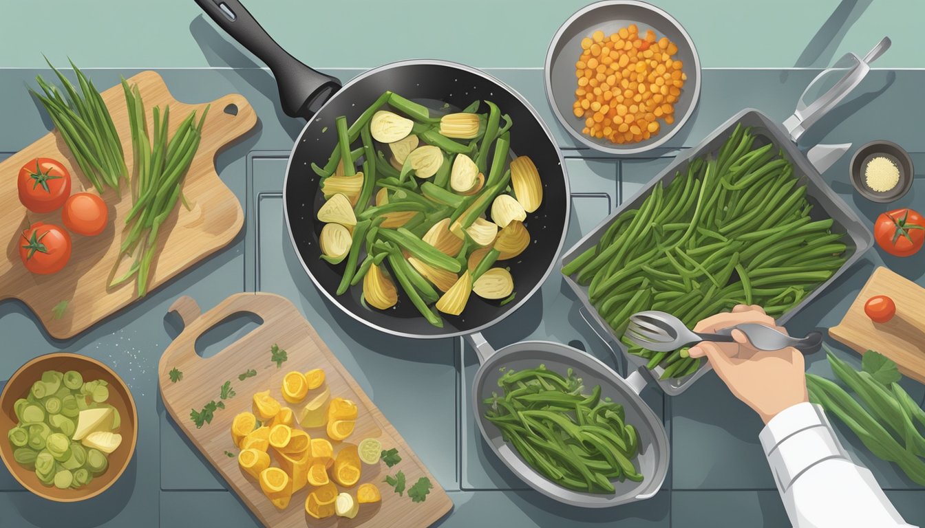 A chef sautéing a variety of vegetables, including artichoke substitutes like hearts of palm and green beans, in a sizzling pan