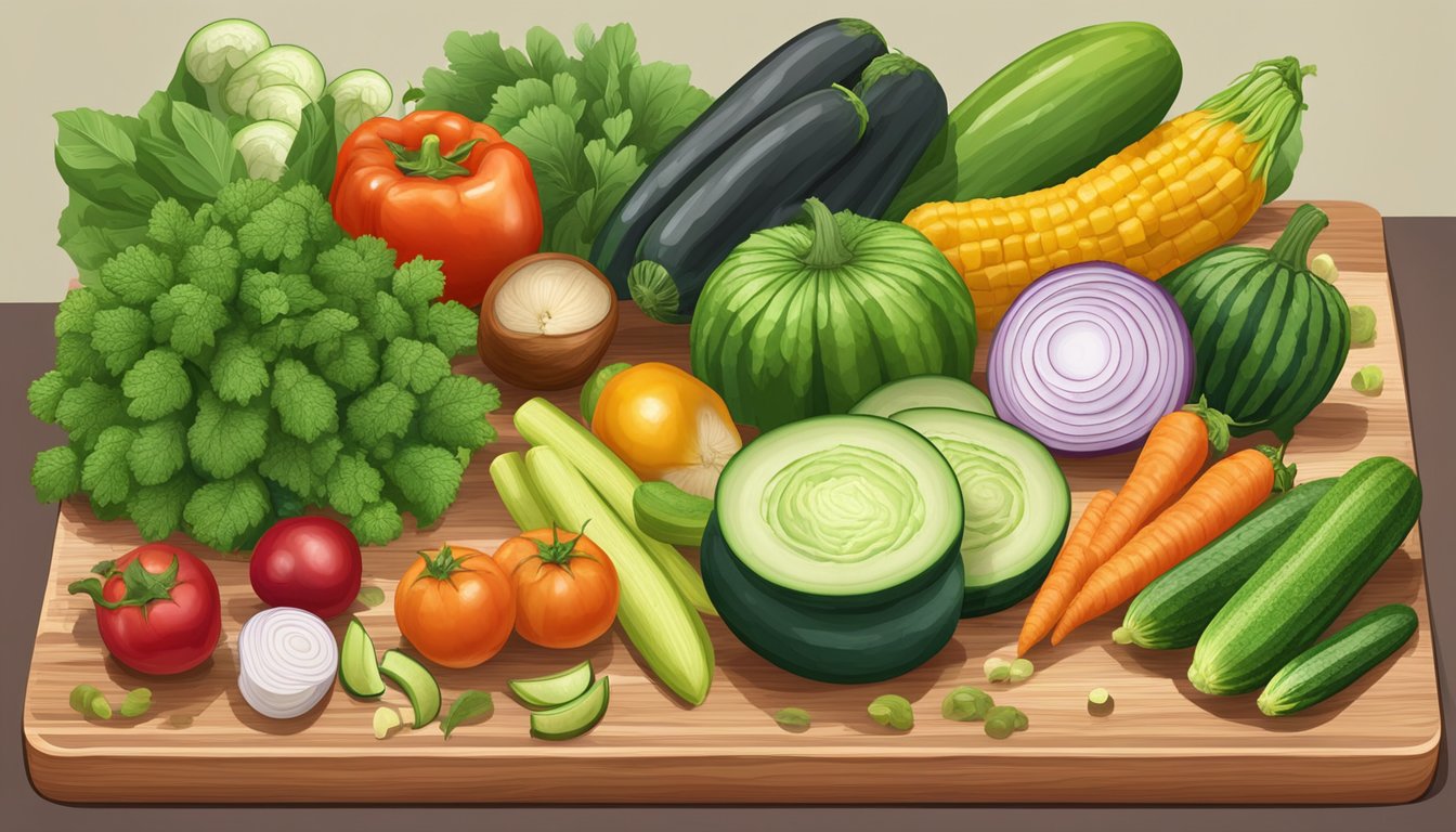 A variety of fresh vegetables arranged on a wooden cutting board, including Armenian cucumbers and potential substitutes like zucchini and English cucumbers