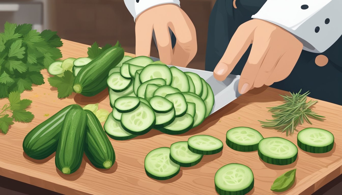 A chef slicing and arranging various cucumber substitutes on a wooden cutting board, surrounded by colorful herbs and spices