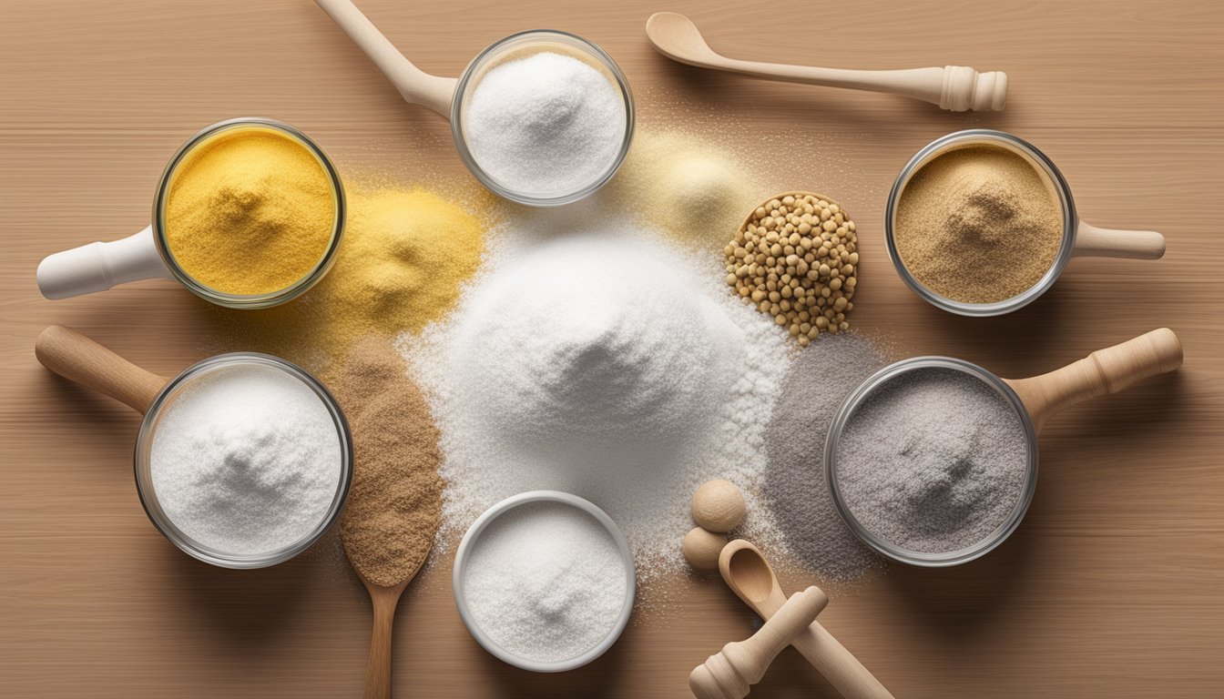 A variety of arrowroot powder substitutes arranged in a row, including tapioca starch, cornstarch, and potato starch, with their respective characteristics illustrated through different textures and colors