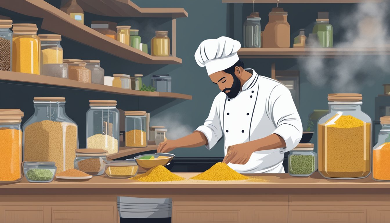 A chef sprinkles alternative spices into a bubbling pot of curry, with various jars of asafoetida substitutes lined up on the counter