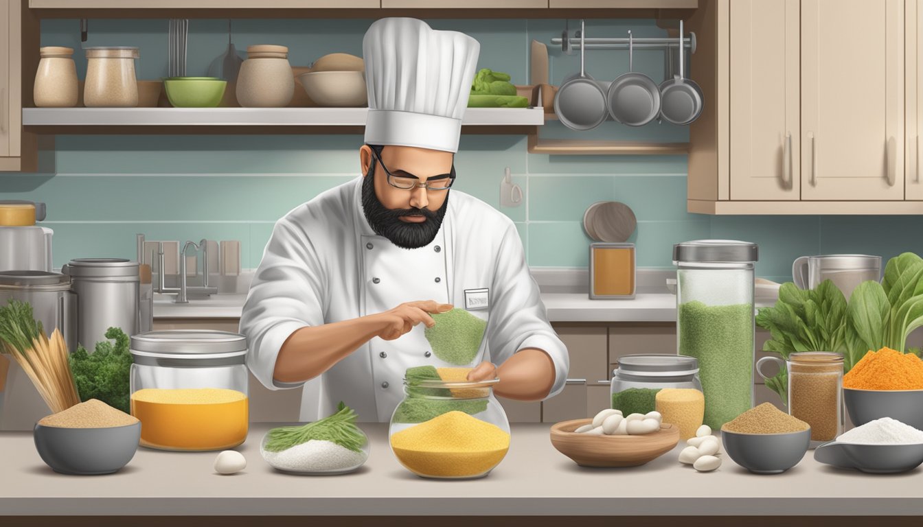 A chef considers various ingredients while cooking, including arrowroot powder substitutes, displayed on a kitchen counter