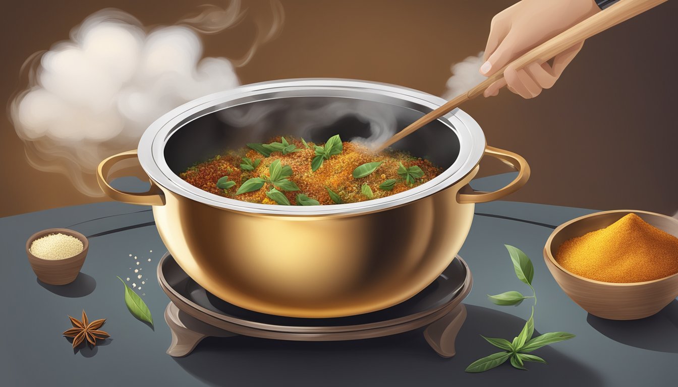 A bowl of aromatic spices being mixed into a steaming pot of food, with a cloud of fragrant steam rising up