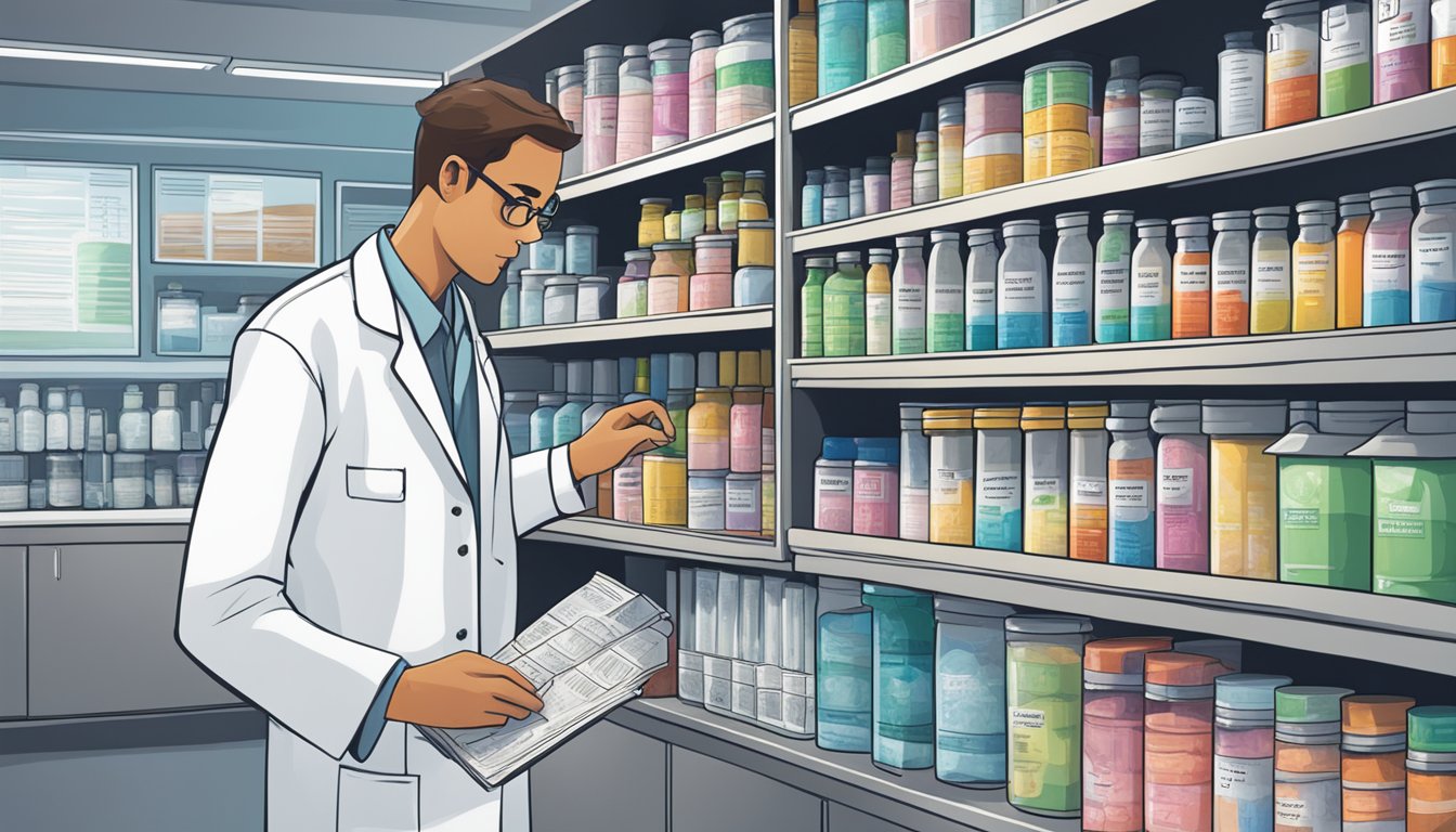 A scientist in a lab coat examines test tubes and safety data sheets next to a shelf of artificial sweetener substitutes