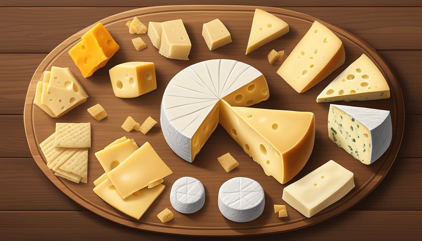 A wheel of Asiago cheese surrounded by various substitute options such as Parmesan, Romano, and aged cheddar on a wooden cutting board