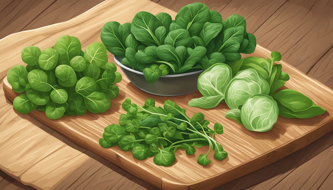 A vibrant array of spinach, kale, and watercress arranged on a wooden cutting board