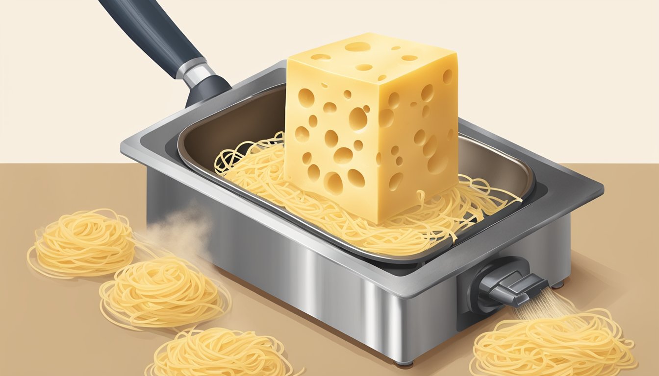 A block of asiago cheese being grated over a steaming pot of pasta