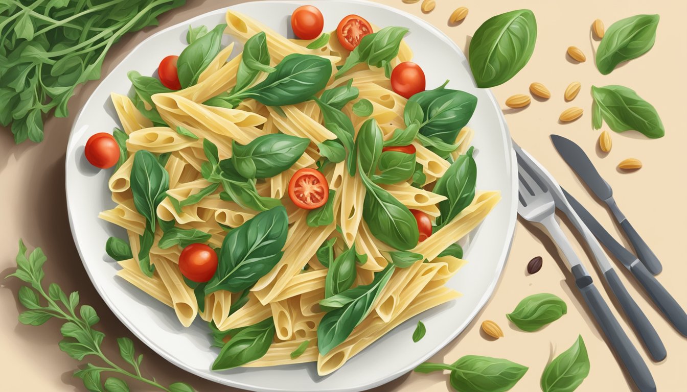 A plate of pasta with arugula substituted with spinach, tomatoes, and pine nuts