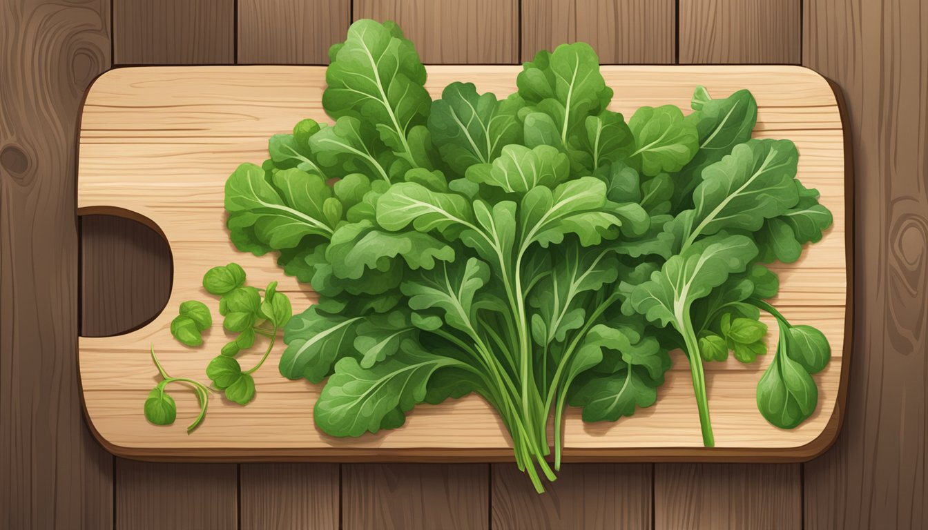 A vibrant bunch of fresh arugula substitutes, including kale, spinach, and watercress, arranged on a rustic wooden cutting board