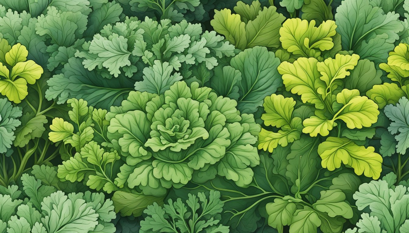 A vibrant garden patch with arugula, kale, and mustard greens growing together in the same family