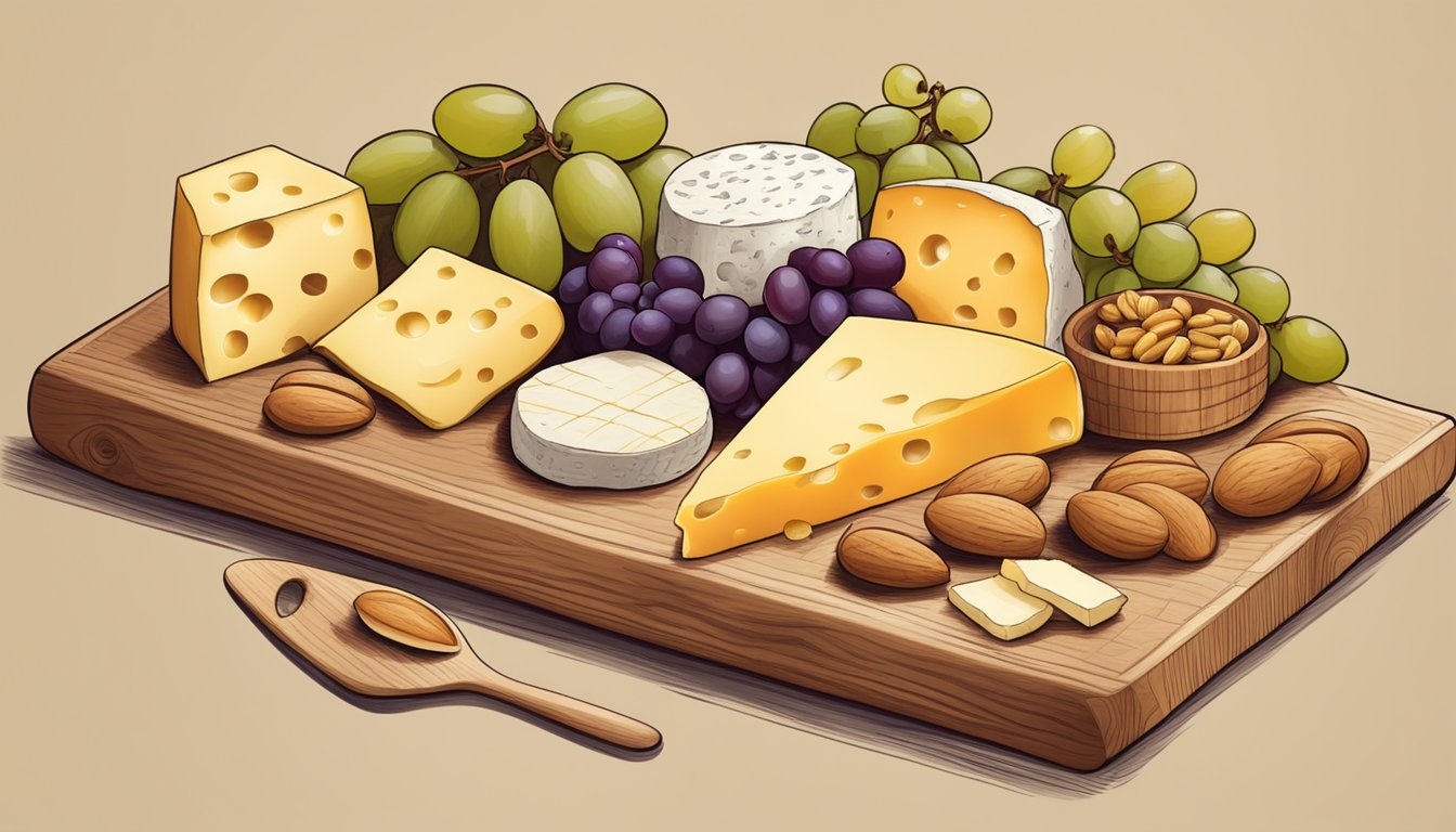 A cheese board with various regional cheese alternatives, including asiago substitutes, arranged on a wooden platter with grapes and nuts