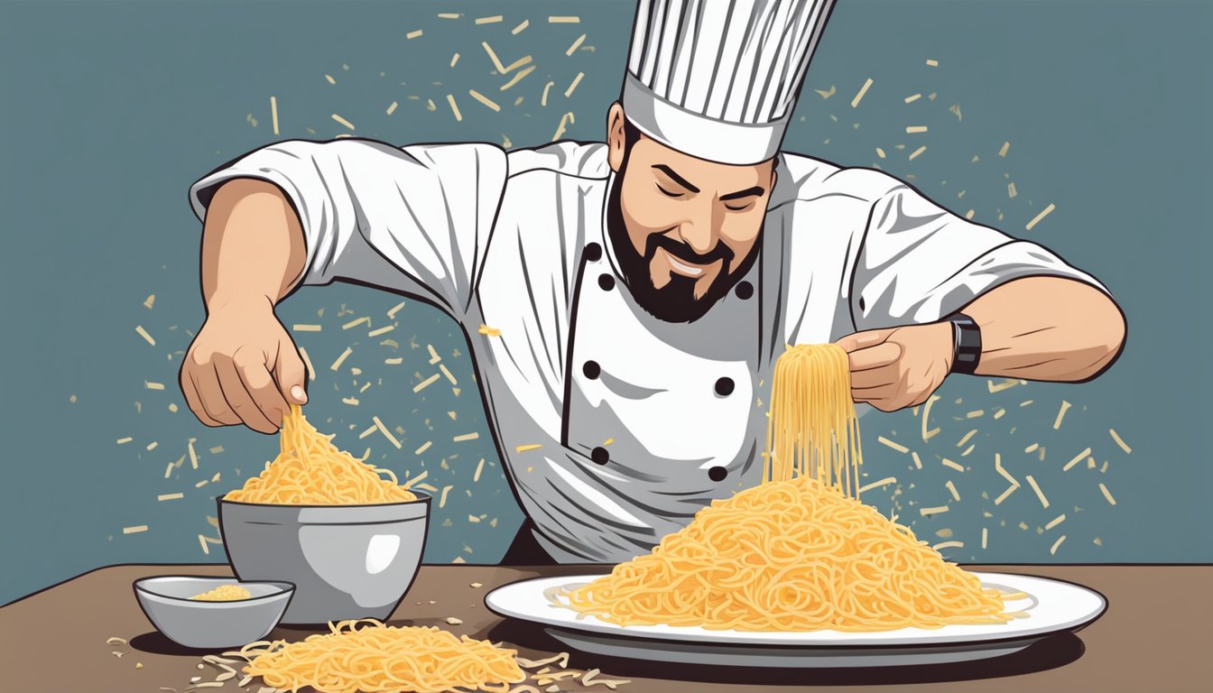 A chef sprinkles shredded asiago cheese substitute onto a pasta dish