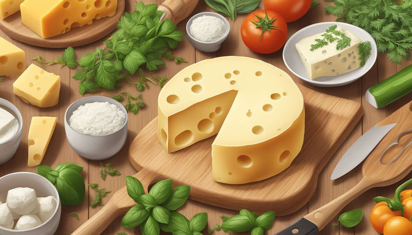 A variety of cheese substitutes, including asandero, sit on a wooden cutting board surrounded by fresh herbs, vegetables, and cooking utensils