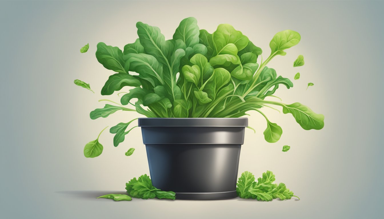 A vibrant arugula plant bursting from a pot, surrounded by a variety of alternative greens like spinach, kale, and lettuce