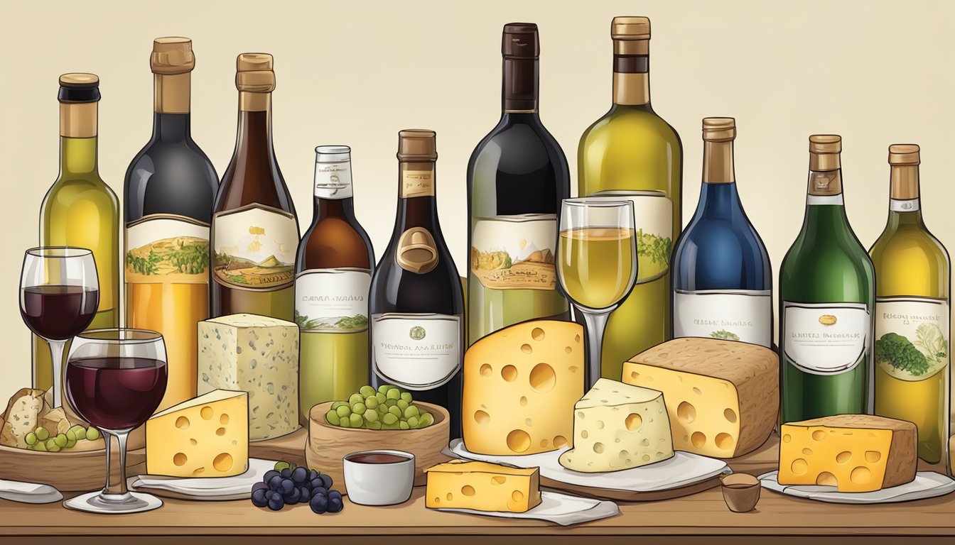 A table set with a variety of cheese substitutes and accompanying beverages, such as wine, beer, and non-alcoholic options