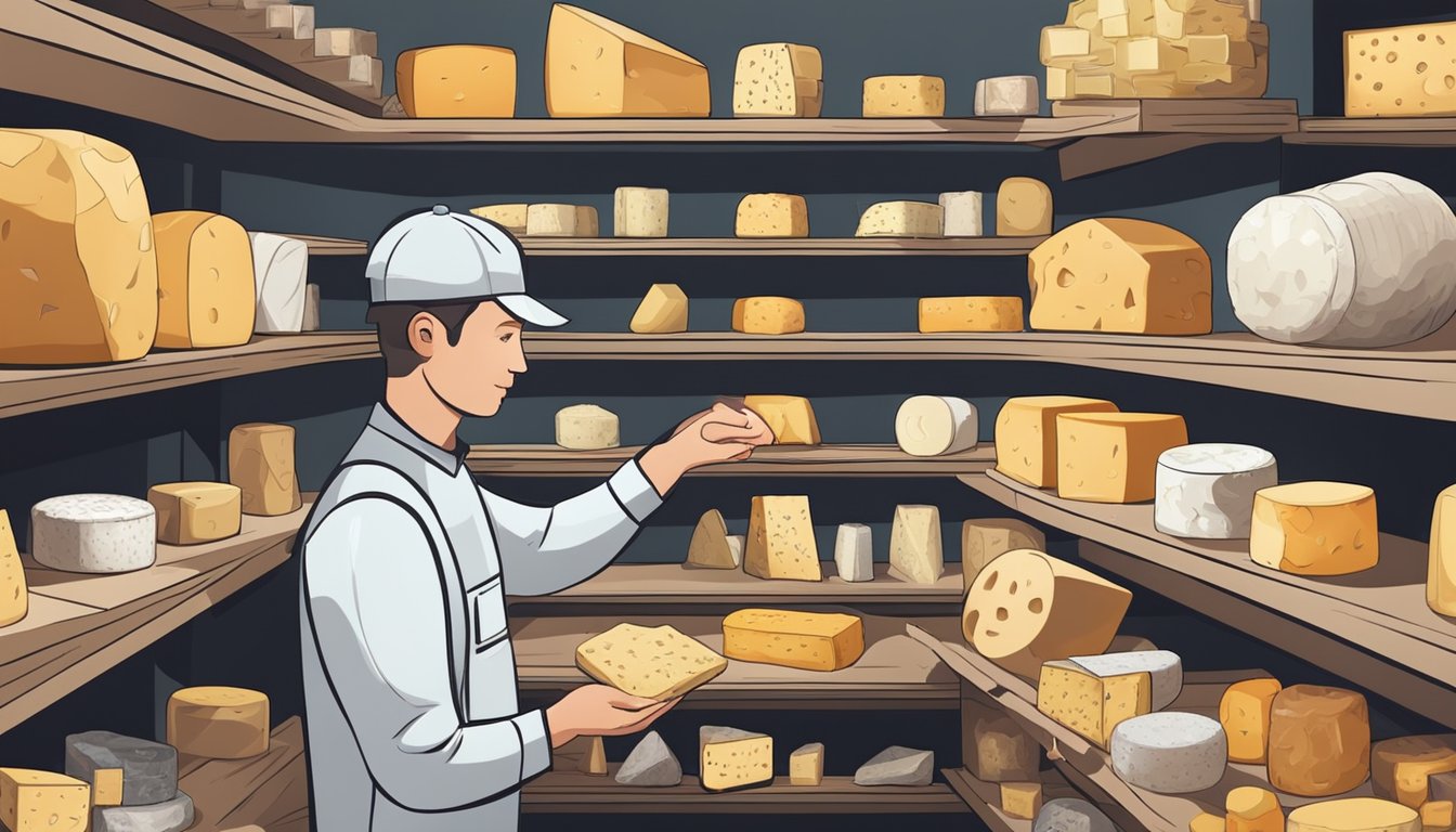 Various cheeses stored in a cool, dark room. Some wrapped in paper, others in plastic. A worker carefully handles and arranges the cheeses on shelves