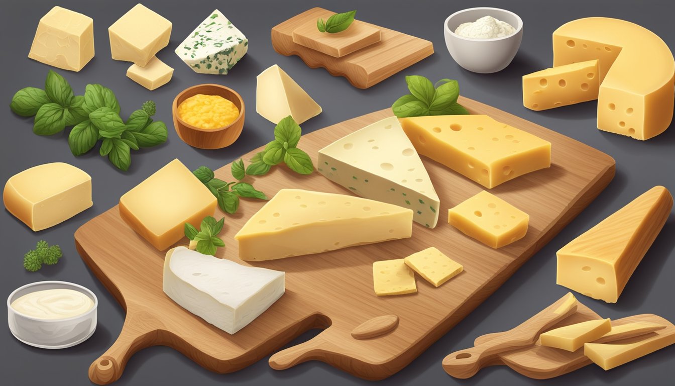 A variety of non-traditional substitutes for asadero cheese, such as plant-based alternatives and dairy-free options, displayed on a wooden cutting board