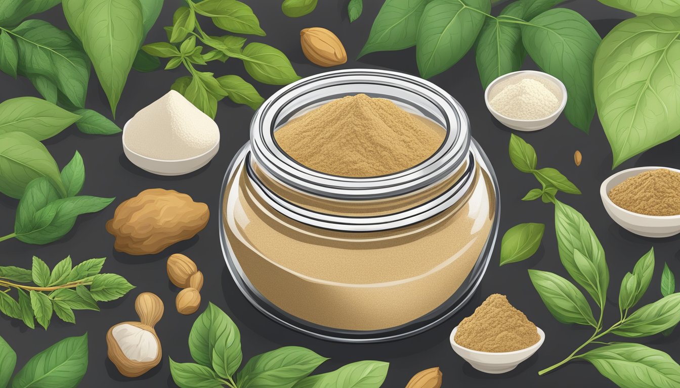 A jar of ashwagandha root powder surrounded by alternative substitutes like maca powder, ginseng root, and holy basil leaves