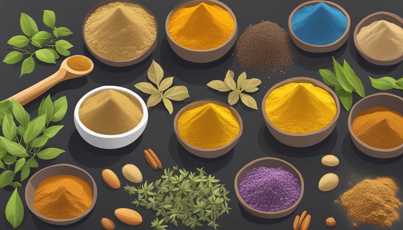 A variety of herbs and powders arranged in a colorful display, with ashwagandha root powder highlighted among them