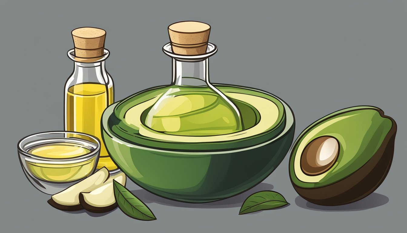 A bottle of avocado oil surrounded by various alternative oils like olive, coconut, and grapeseed, with a bowl of avocados nearby