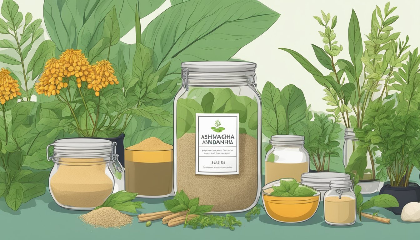 A jar of ashwagandha root powder next to alternative substitutes like maca and ginseng, surrounded by fresh herbs and plants