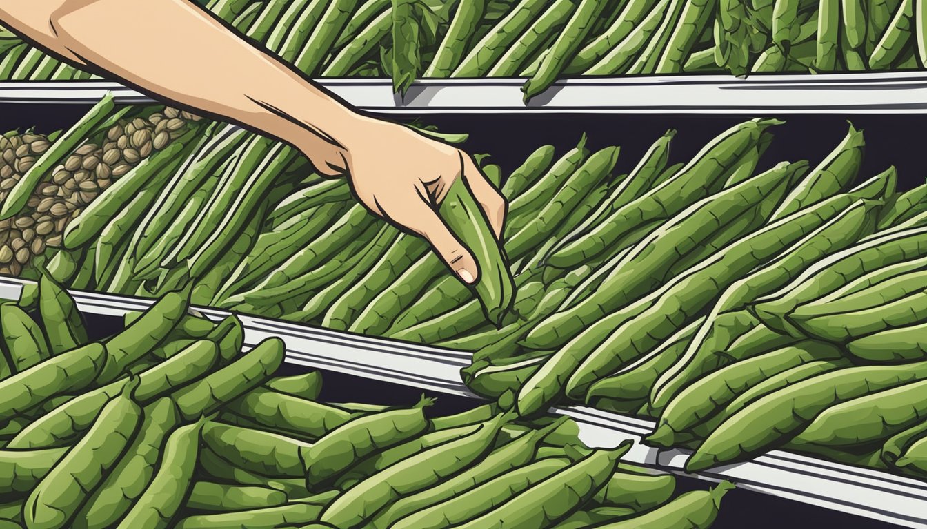 A hand reaching for a bundle of fresh green beans next to a pile of artichokes in a grocery store produce section