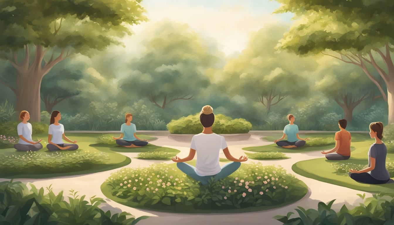 A serene garden with a blooming ashwagandha plant surrounded by calm, focused individuals practicing yoga and meditation