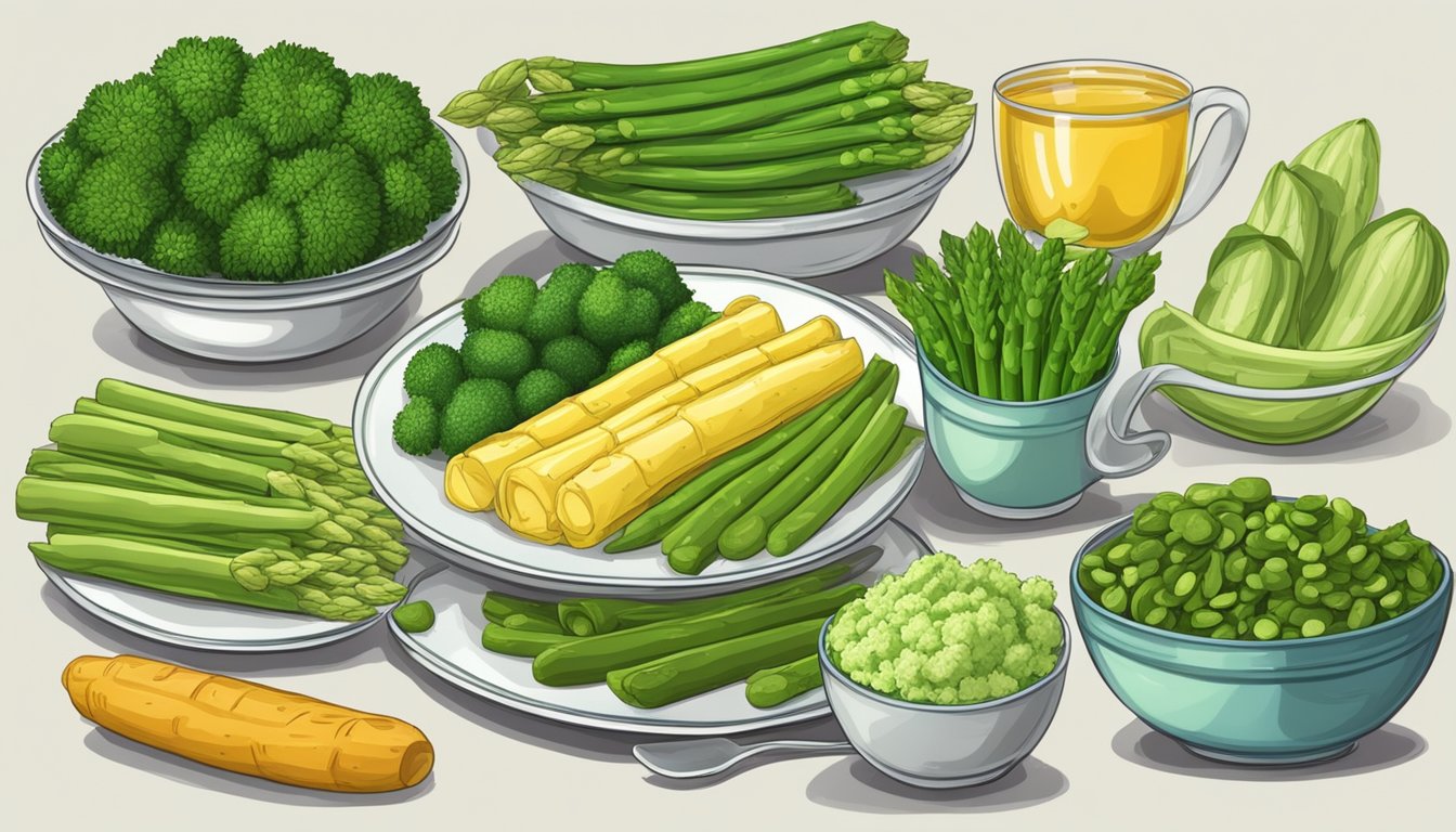 A plate with various non-vegetable substitutes for asparagus, such as green beans, broccoli, and zucchini, arranged in an appealing and appetizing manner