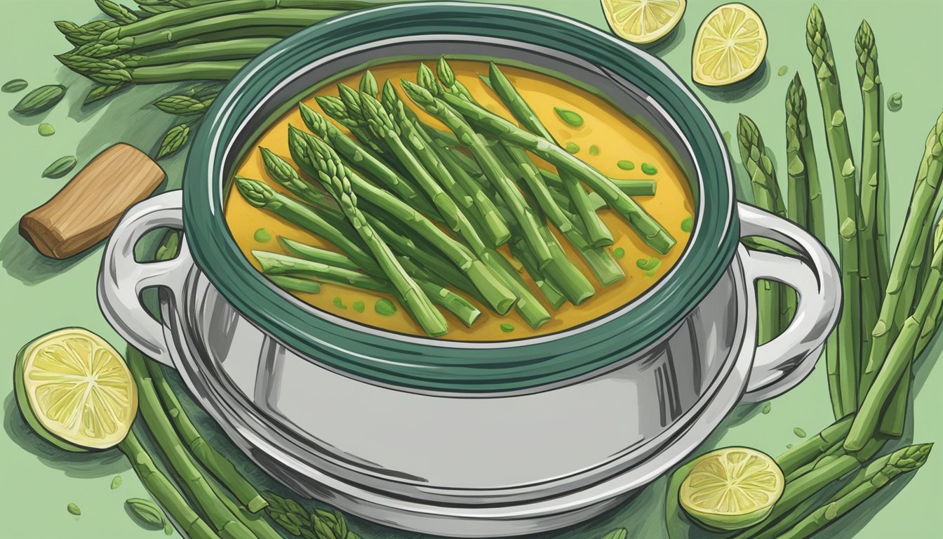 Fresh asparagus being replaced with vibrant green beans in a bubbling pot of soup