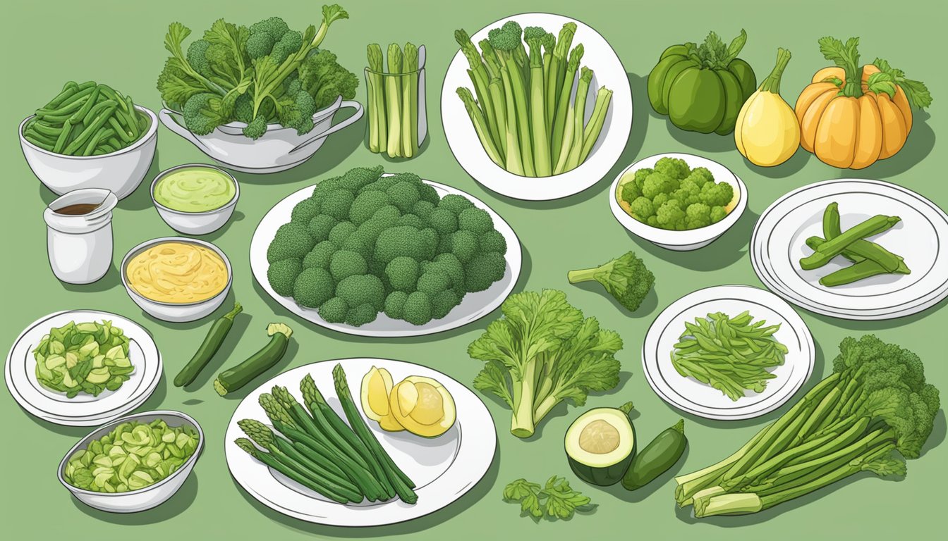 A table set with various vegetable options, including broccoli, green beans, and zucchini, with asparagus crossed out on a menu