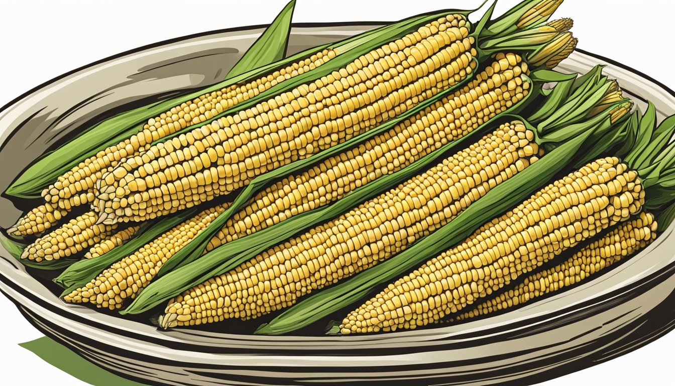 A pile of fresh baby corn sits next to a bowl of traditional corn, showcasing the size difference. The baby corn is arranged in an appealing manner, ready for use as a substitute in various dishes