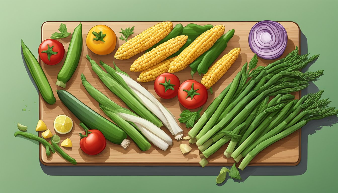 A variety of fresh vegetables arranged on a cutting board, including miniature corn, asparagus, and green beans