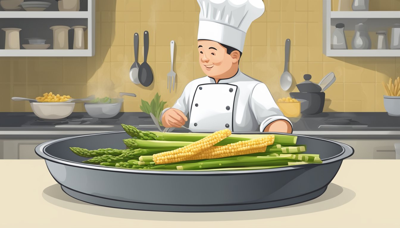 A chef swaps baby corn for asparagus in a stir-fry dish, accommodating dietary restrictions and preferences