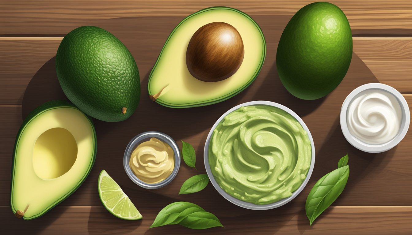 A ripe avocado next to a variety of avocado substitutes like hummus, mashed peas, and Greek yogurt on a wooden cutting board