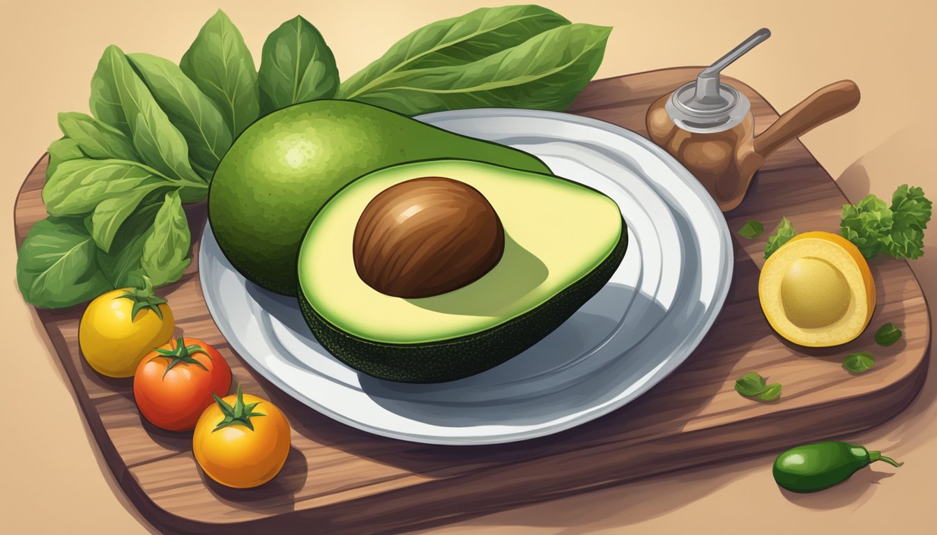 A ripe avocado sitting on a wooden cutting board, surrounded by colorful vegetables and a bottle of olive oil