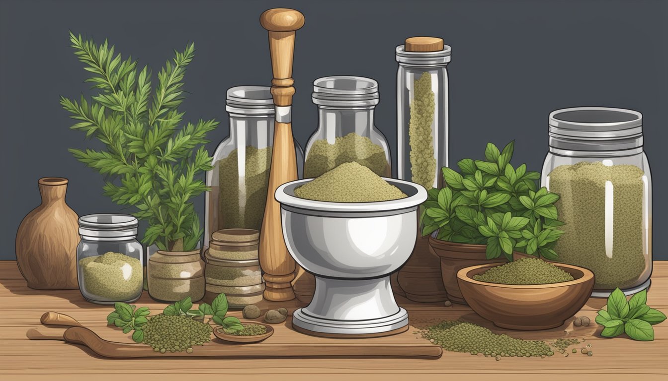 A mortar and pestle grinding various herbs and roots, including astragalus, on a wooden table surrounded by jars of different powders and a scale