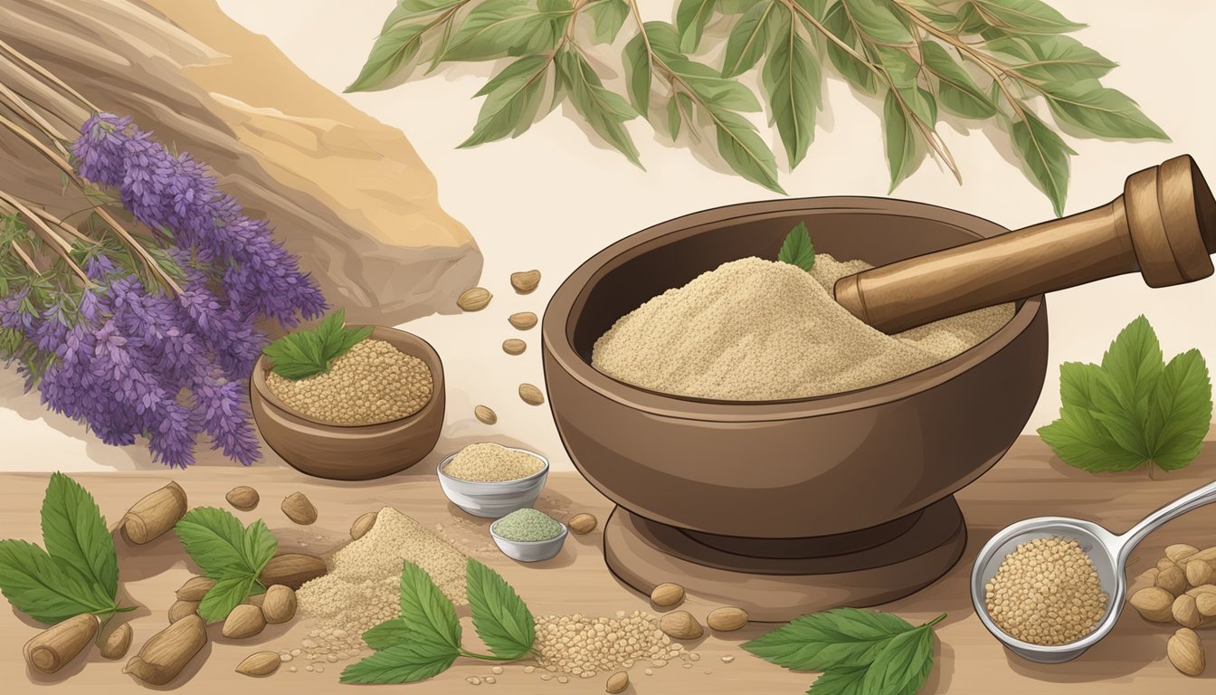 A mortar and pestle grinding astragalus root into a fine powder, with various alternative substitutes displayed nearby