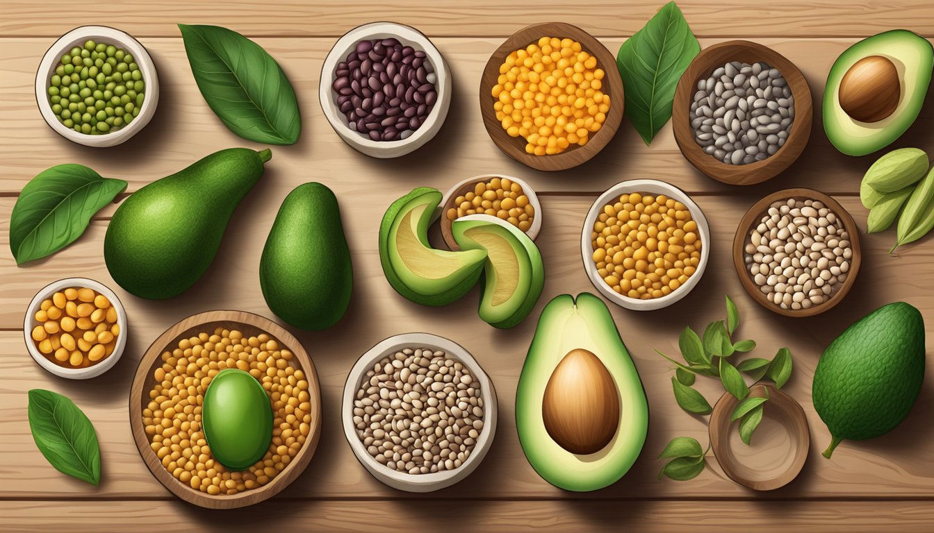 A variety of legumes and pulses arranged next to ripe avocados on a wooden cutting board