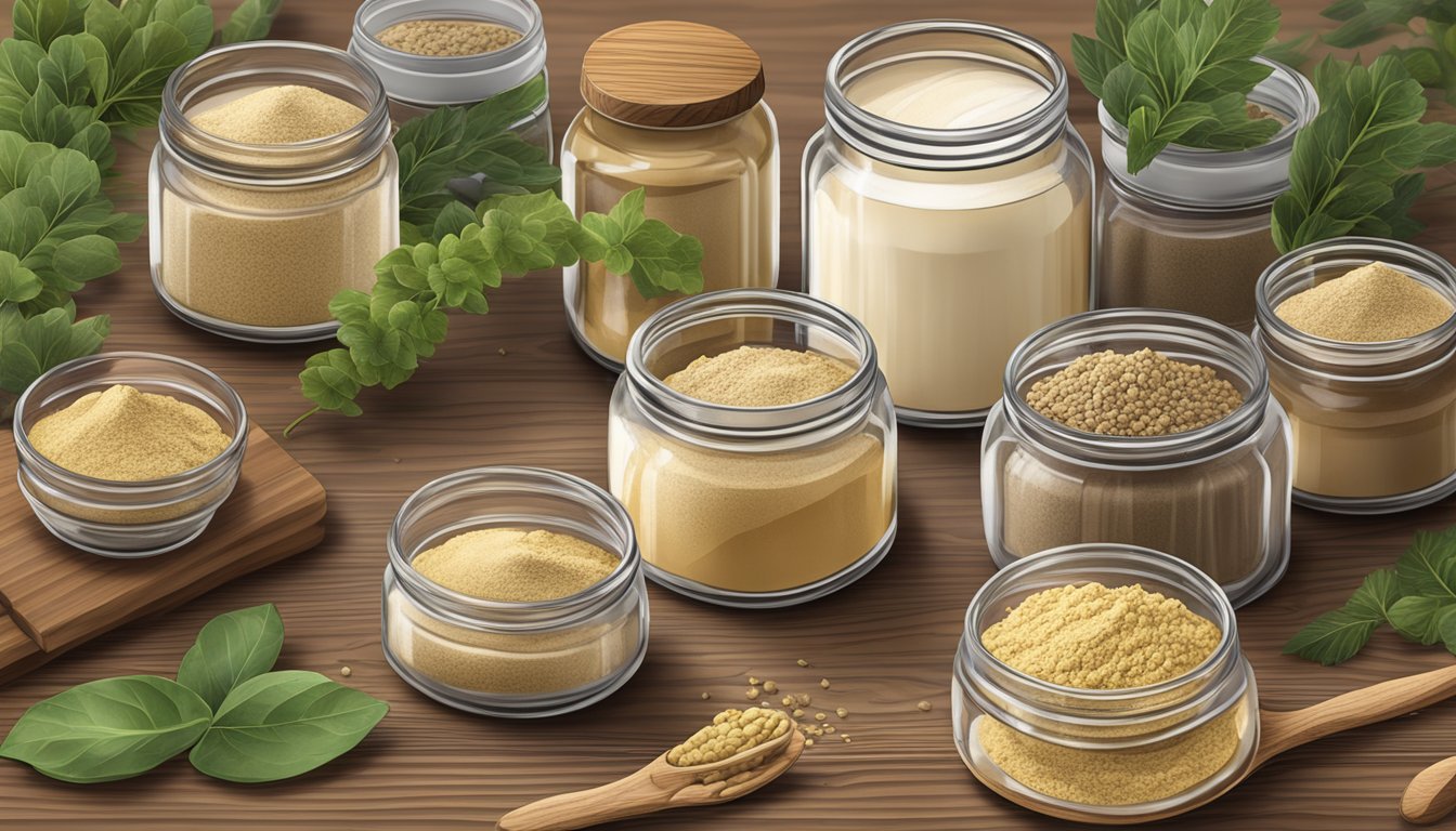 Astragalus root powder surrounded by other adaptogens in glass jars on a wooden table