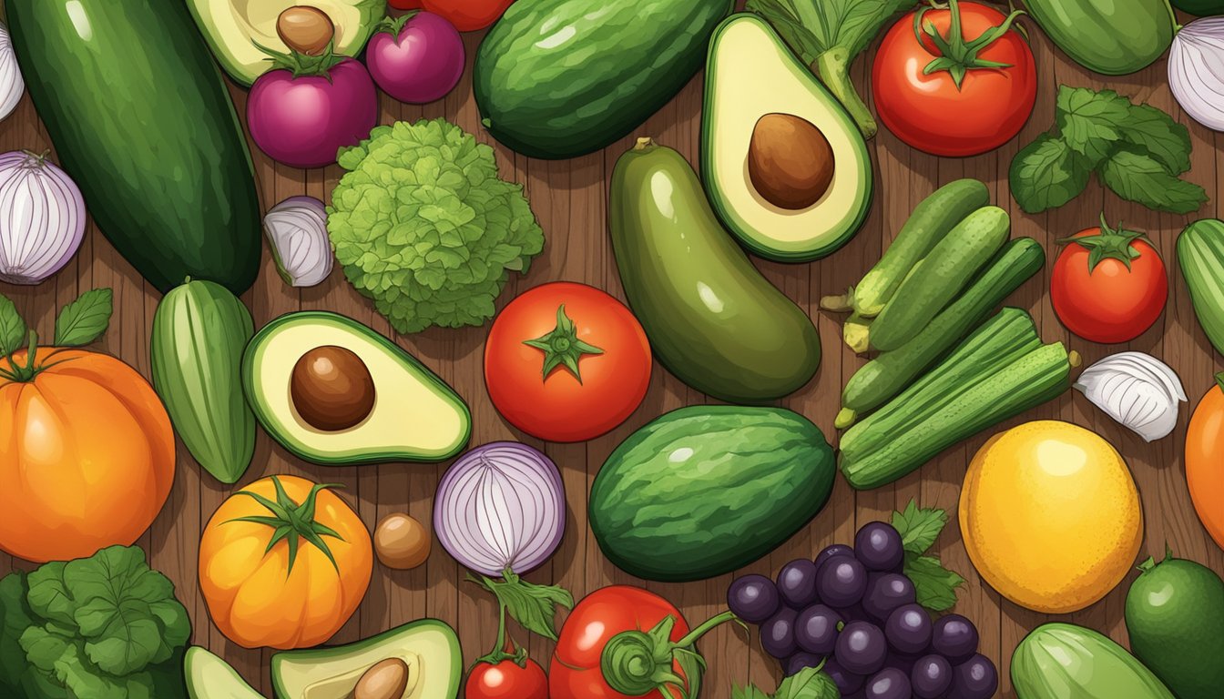 A variety of fruits and vegetables arranged on a wooden table, including avocados, tomatoes, zucchinis, and cucumbers