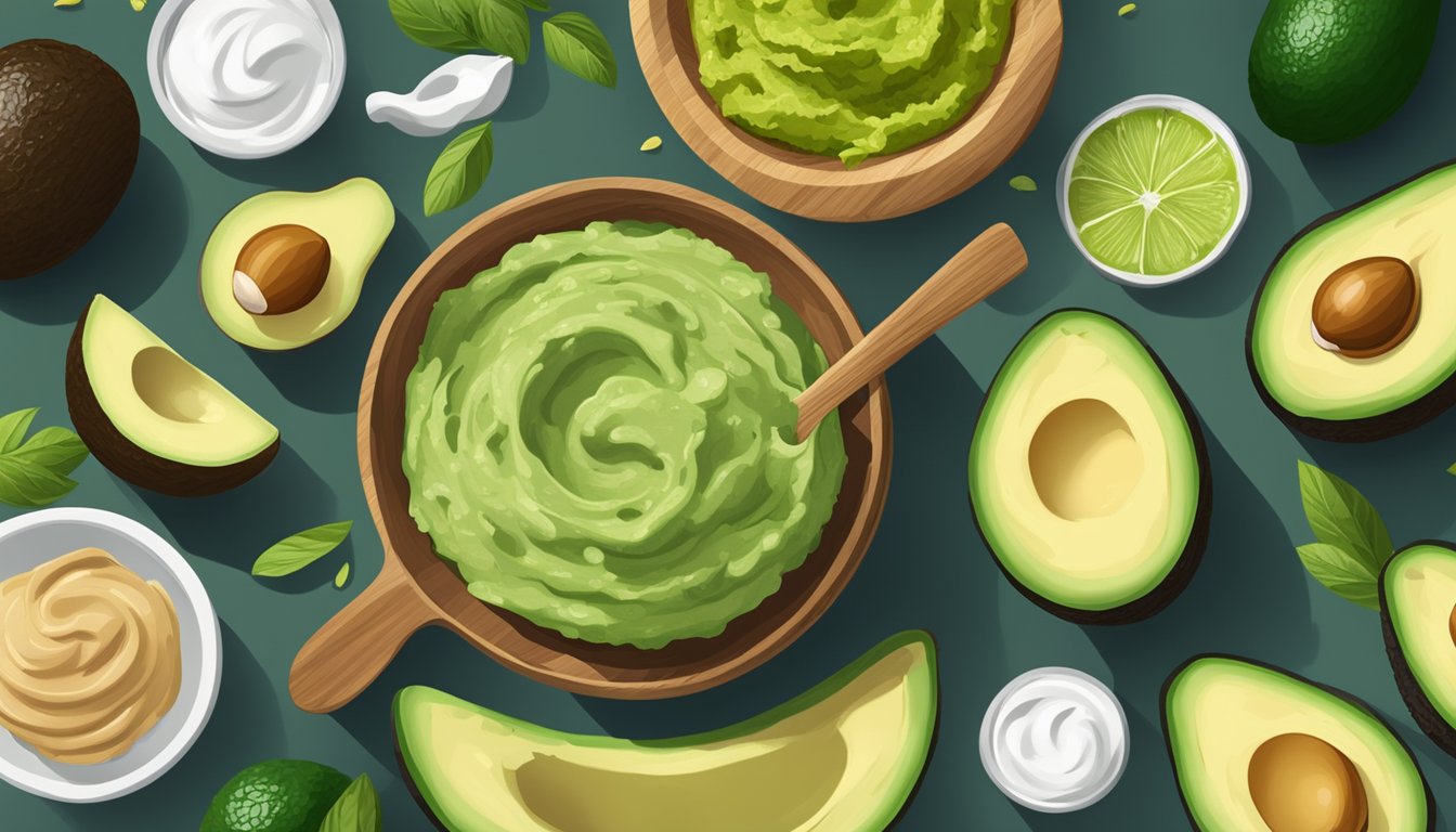 A ripe avocado being replaced by a bowl of guacamole surrounded by alternative substitutes such as hummus, nut butter, and Greek yogurt