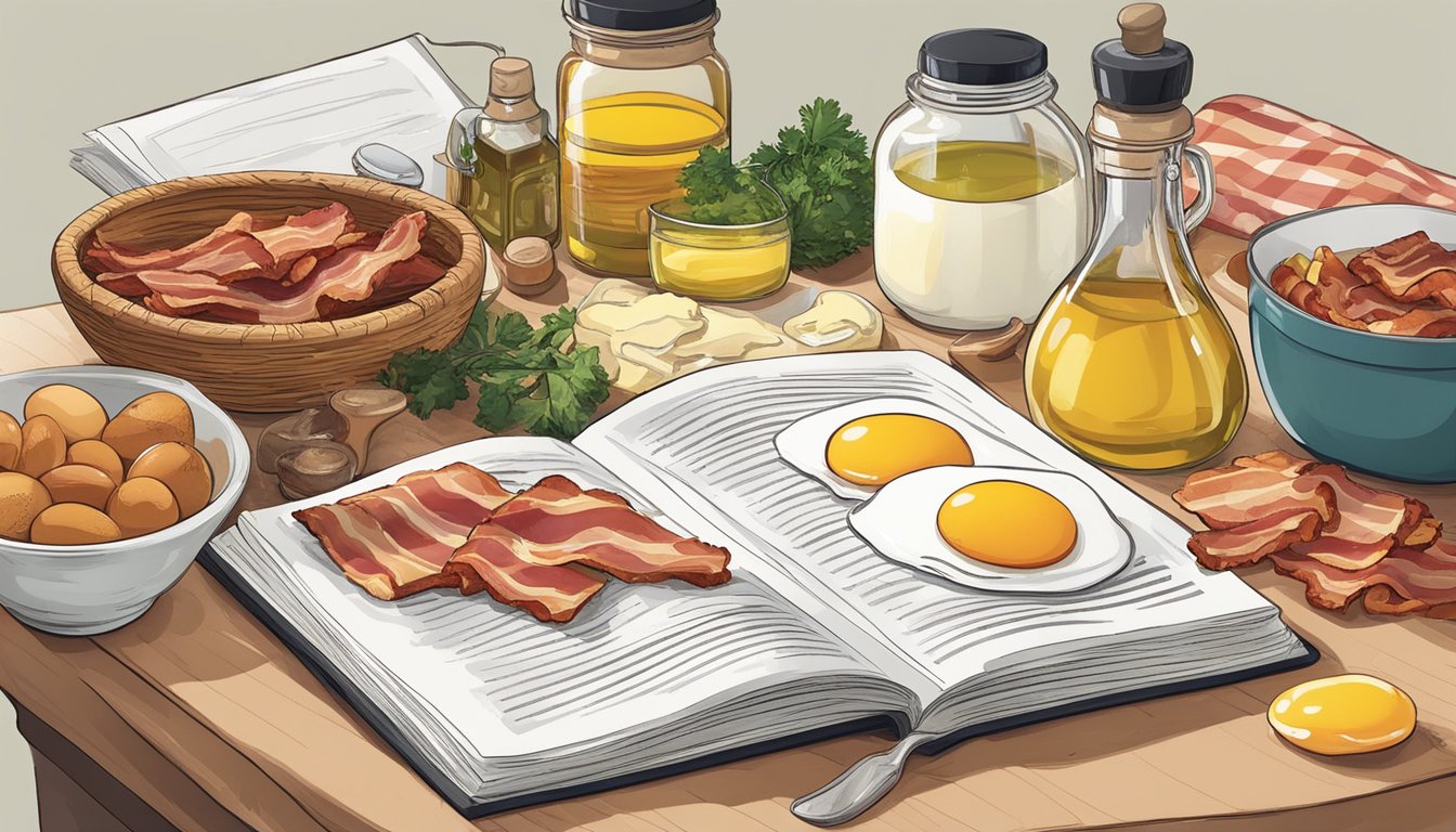 A kitchen counter with various cooking oils and ingredients, including bacon, eggs, and vegetables, with a cookbook open to a page about bacon grease substitutes