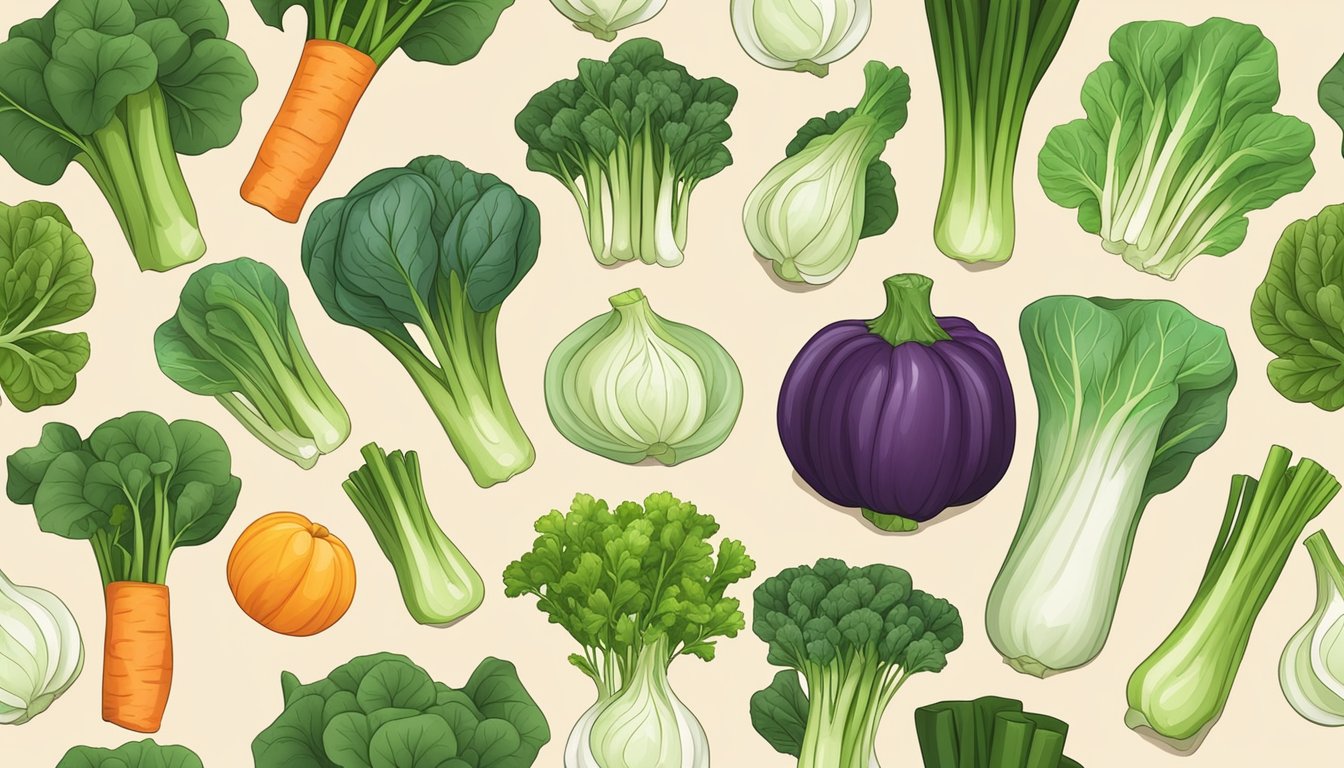 A colorful array of fresh baby bok choy, along with various substitute vegetables, arranged on a wooden cutting board