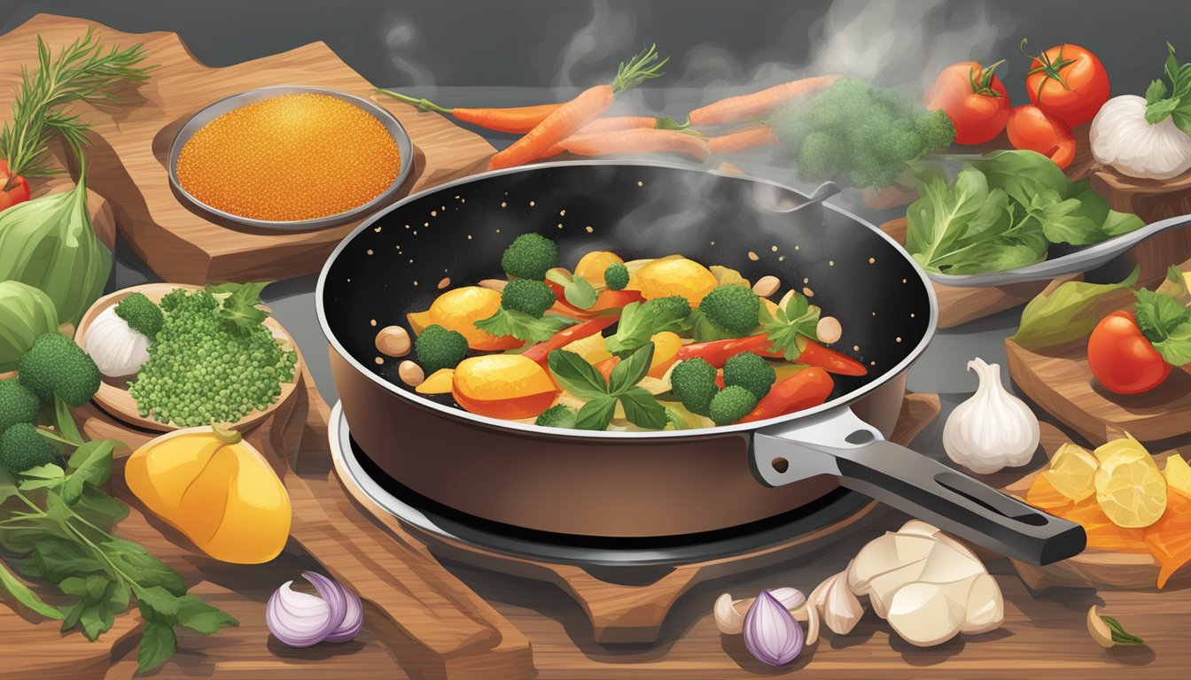 A sizzling pan with various ingredients emitting savory aromas