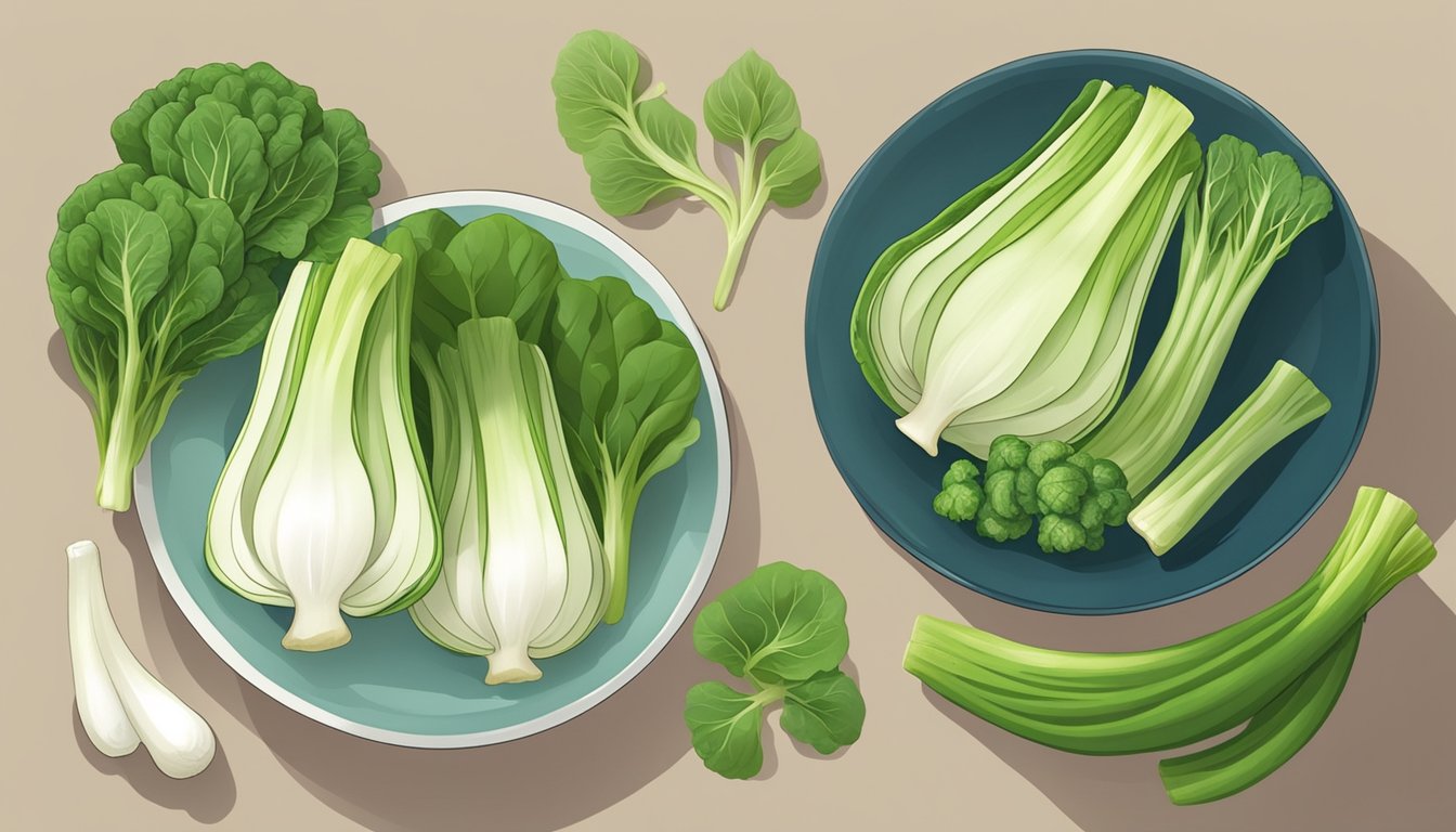 A plate with a halved baby bok choy next to various substitute vegetables, showing differences in taste and texture