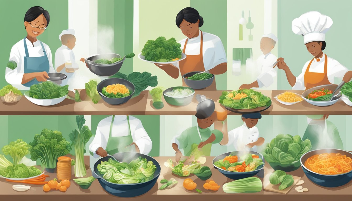 A chef swapping baby bok choy for various substitutes in stir-fry, soup, and salad dishes