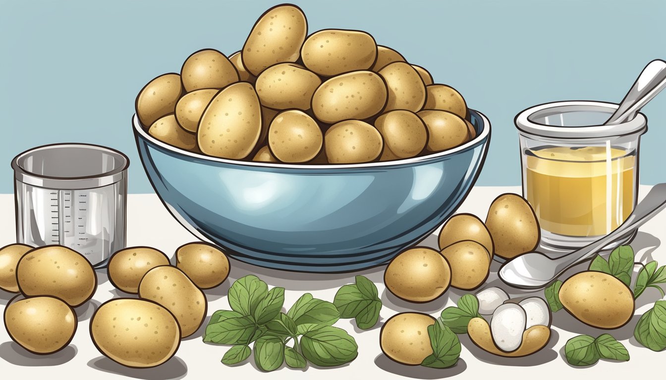 A pile of assorted baby potatoes surrounded by measuring cups and nutrition labels