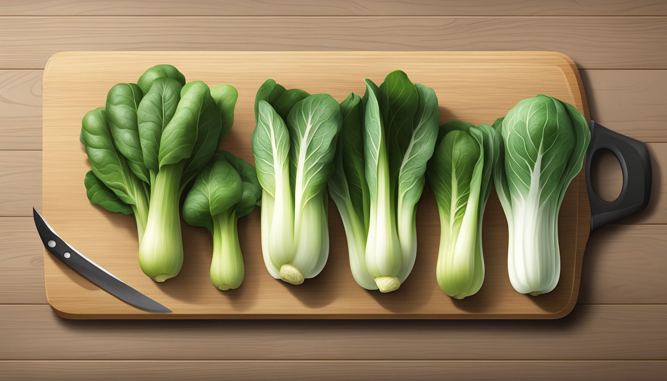 A variety of baby bok choy and its potential substitutes arranged on a wooden cutting board with a knife and measuring spoons nearby