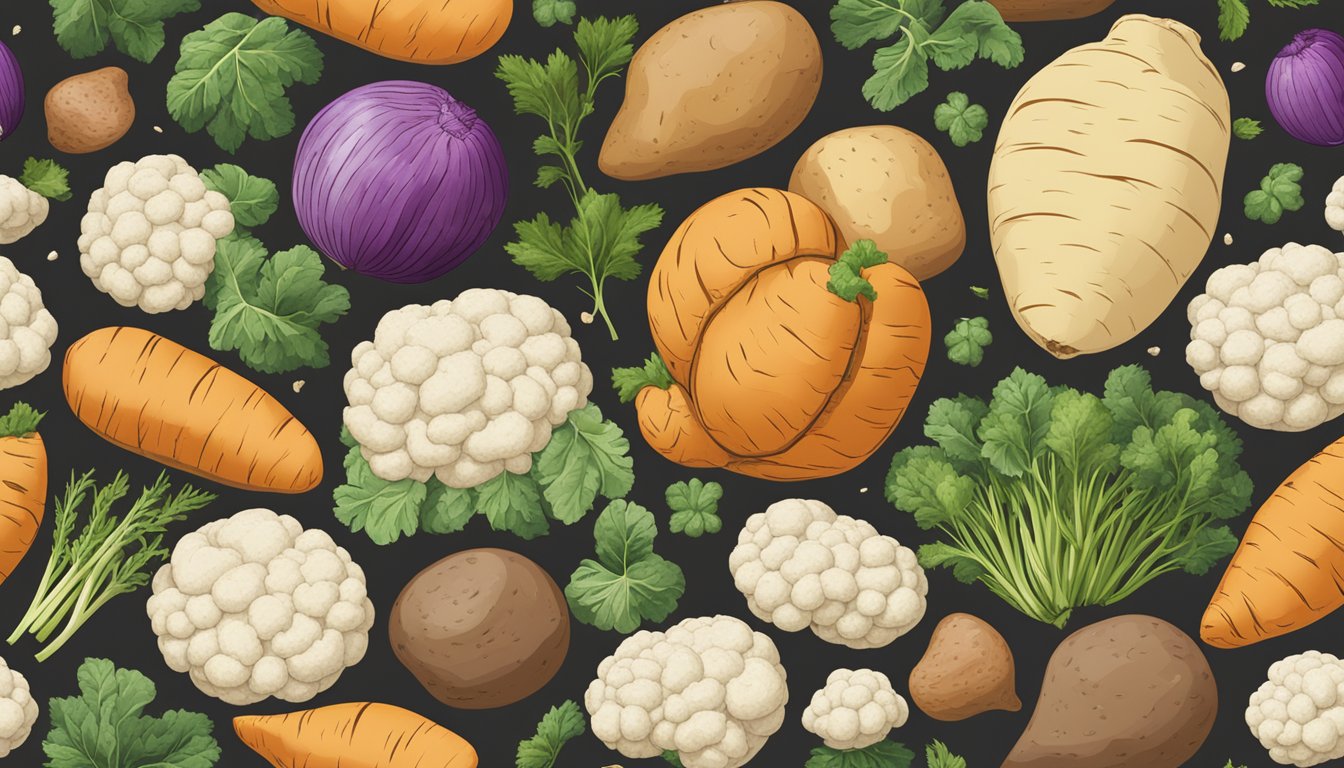 A variety of potato substitutes arranged in a colorful display, including sweet potatoes, turnips, parsnips, and cauliflower